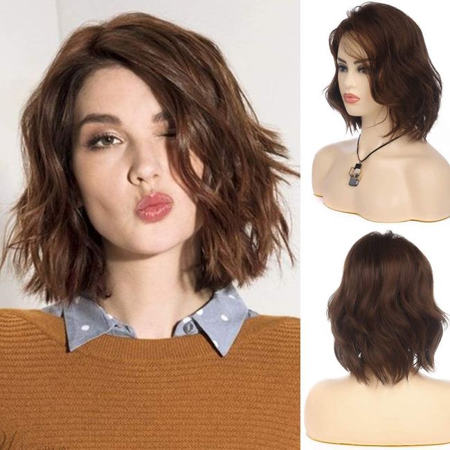 Short Wavy Brown Bob Wig for Women Synthetic Heat Resistant Side Part Halloween Cosplay Wig