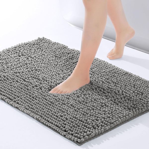 Imperial Rooms Grey Bath Mat Non Slip Anti Mould – Chenille Shower Mat 50 x 80 cm Machine Washable Bathroom Mat Extra Soft Fluffy Super Absorbent Bath Mats