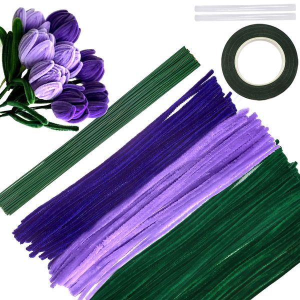 TOAOB 200pcs Pipe Cleaners Craft Supplies DIY Tulips Bouquets Making Kit Purple Chenille Stems Artificial Flowers Craft Kit for DIY Art and Crafts Party Wedding Home Decorations