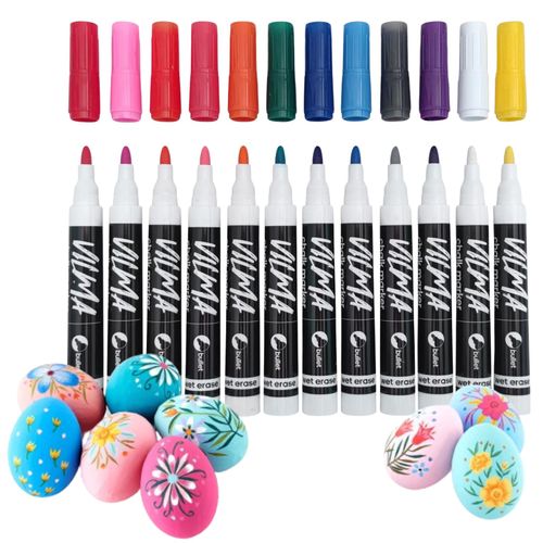 VILMA Easter Liquid Chalk Markers Window Markers for Cars Glass pens Wet Erase Markers Washable Blackboard Markers for Car Window, Mirrors,Signs,Crafts, 2MM Tip 12 Pack,12 Colors