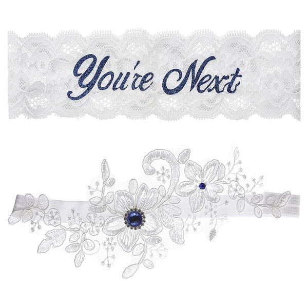 Lusofie 2Pcs Garters for Bride White Lace Wedding Garter with Blue Rhinestones You're Next Print Bridal Garter Wedding Garter Set for Bride