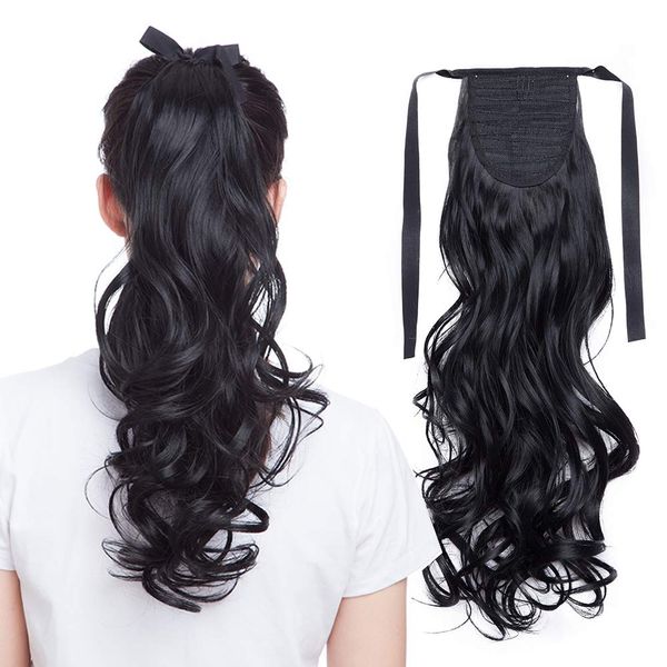 18" One Piece Ponytail Hair Extensions Binding Curly Wavy Clip in Extensions Wrap Around Tie Up - Dark Black(45cm,90g)