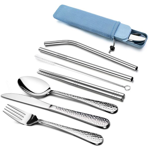 HaWare 9 Piece Individual Portable Hammered Cutlery Sets, Stainless Steel Camping Travel Cutlery Set for 1 with Knife, Fork, Spoon, Chopsticks, Cleaning Brush, Straws, Portable Case & Bag （Blue)