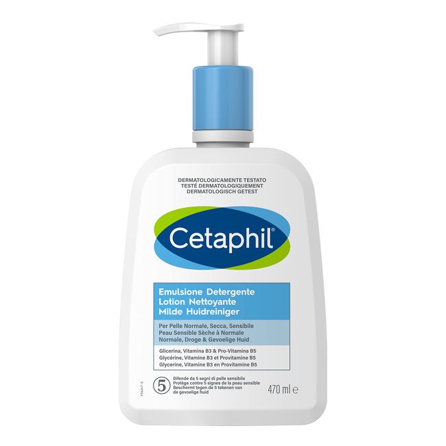 Cetaphil, Fluid-Reiniger-Emulsion, feuchtigkeitsspendende Gesichtscreme und Körper für empfindliche Haut, trockene und verträgliche Haut, parfümfrei, Format 470 ml