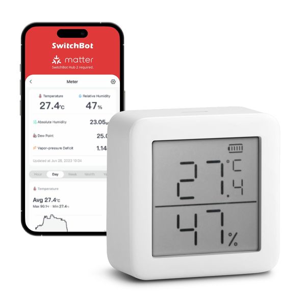 SwitchBot Smart Room Thermometer Hygrometer Sensor Indoor, Bluetooth Digital Temperature Monitor with Free Data Storage, Dewpoint/VPD/Absolute Humidity Meter, LCD Screen Wireless Thermometer for Home