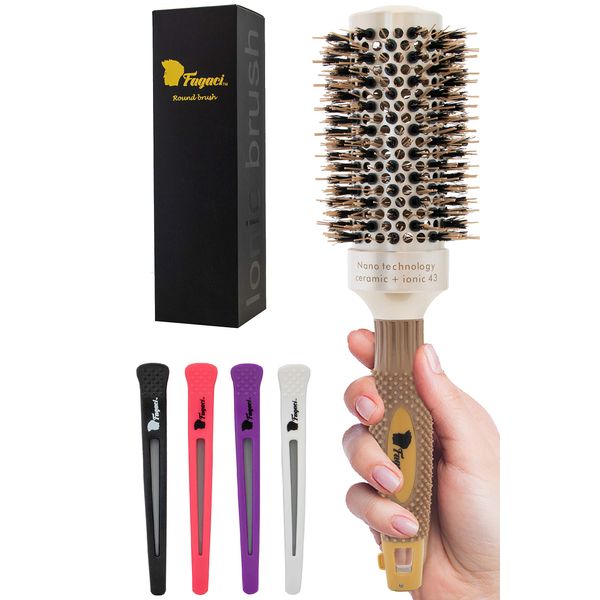 Fagaci Professional Round Brush for Blow Drying with Natural Boar Bristle, Round Brush | Nano Technology Ceramic + Ionic for Hair Styling, Drying, Healthy Hair, Volume | Hair Brush + 4 Styling Clips