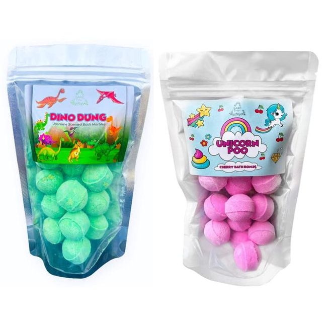 Unicorn Poo and Dino Dung Double Pack. 2 x 12 Mini Bath Bombs. 12 Unicorn Poo Cherry Scented, 12 Dino Dung Jasmine Scented. Ideal Stocking Fillers.