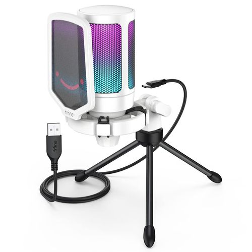FIFINE USB Condenser Microphone RGB Lighting Cardioid Directional Plug & Play PC Press Microphone AmpliGame-A6VW