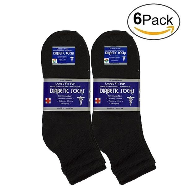 6 Pair Black Men Physicians Choice Loose Fit Diabetic Ankle Socks Cotton 10-13