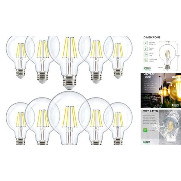 G25 Globe Light Bulbs LED Edison Vanity Light Bulbs for 10 Pack 5000K Daylight