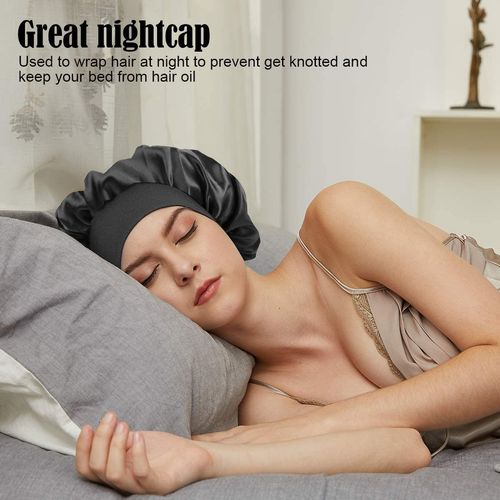 Satin bonnet colorfast Bonnet with Wide Elastic Band,Satin Bonnets Elastic Hat Soft Sleeping Head Cover for Night (2 Pack)