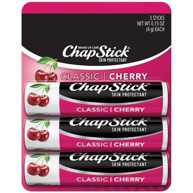 ChapStick Classic (1 Blister Pack of 3 Sticks, Cherry Flavor) Skin Protectant Flavored Lip Balm Tube, 0.15 Ounce Each, 3 Count (Pack of 1)