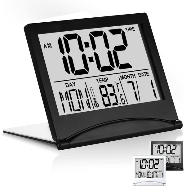 Betus Digital Travel Alarm Clock - Foldable LCD Clock - Compact Desk Clock Black