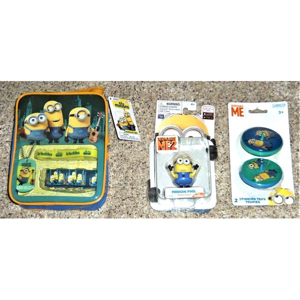 Despicable Me Minions Lot: Jewelry Set w/Bag, Phil Figure & Spin Tops New