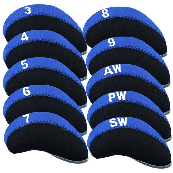 AMRTA Golf Club Iron Head Cover 10 Pack Protective Head Cover Fit All Iron Clubs Black Blue Orange Green (Blue)