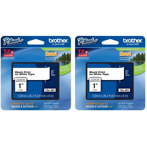 Brother Genuine P-Touch 2-Pack TZe-251 Laminated Tape, Black Print on White Standard Adhesive Laminated Tape for P-Touch Label Makers, Each Roll is 0.94"/24mm (~ 1") Wide, 26.2 ft. (8M) Long