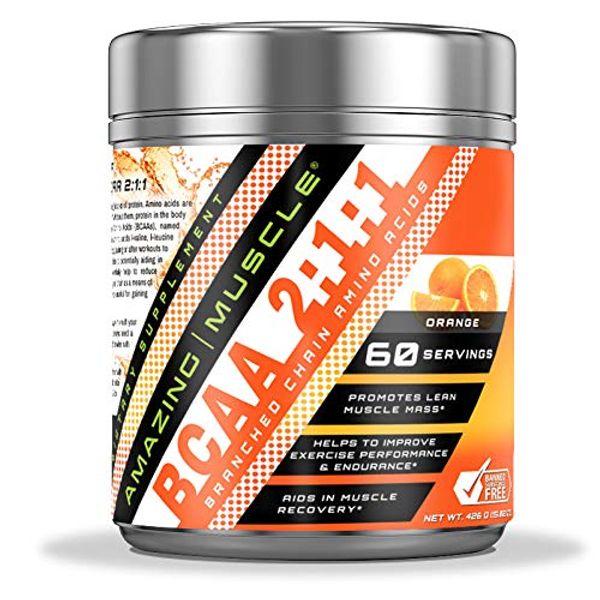 Amazing Muscle BCAA 2:1:1 Branched Chain Amino Acids Supplement | 6000 Mg Per Serving | Orange Flavor | 60 Servings