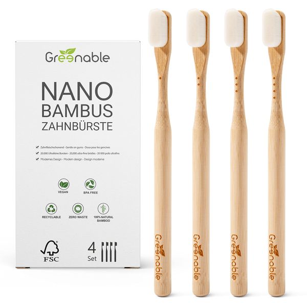 Greenable ® Nano Zahnbürste aus Bambus [4er Set] – 20.000 Extra weiche Borsten – 100% BPA-frei - Bamboo Toothbrush - Vegane & umweltfreundliche Bambus Zahnbürste (Weiß)