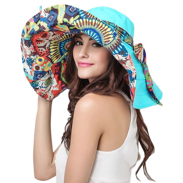 Women's Foldable Floppy Reversible Travel Beach Sun Visor Hat Wide Brim UPF 50+ (Blue)