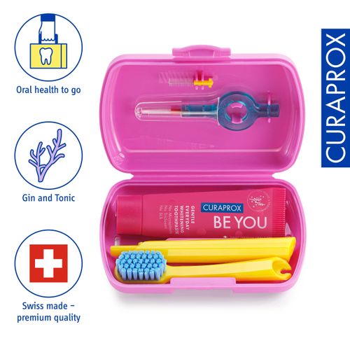 Curaprox Travel Set Pink - Interlocking Travel Toothbrush CS 5460 + "Be You" Travel Toothpaste + 2 Interdental Brushes CPS Prime 07 and 09 - Travel Dental Care Set 9.5 cm x 6 cm
