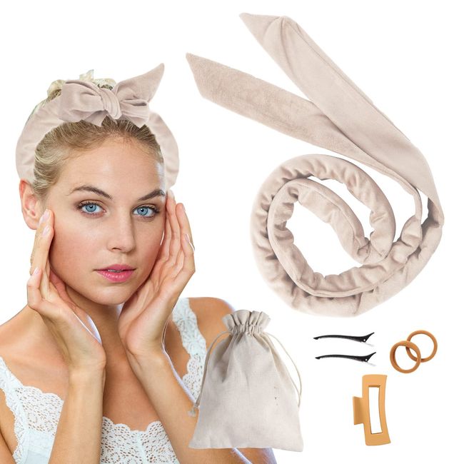 Lenvais Lockenwickler Locken Ohne Hitze,Heatless Curls Band mit 2 Stück Haarspange,DIY Heatless Hair Curler Set Haarband Locken über Nacht für Mittleres Langes Haar (Beige)