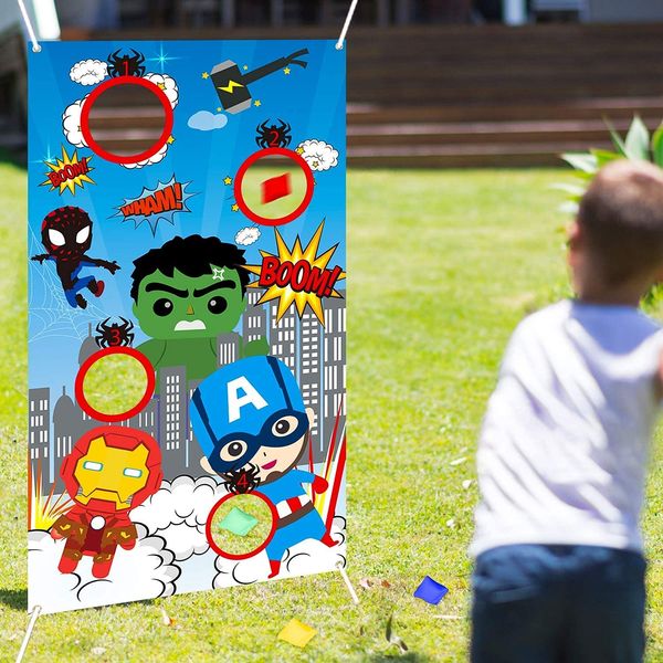 LATERN Superhero Toss Game with 4Pcs Bean Bags, Carnival Toss Game Banner Superhero Indoor Outdoor Throwing Game Party Supplies for Kids