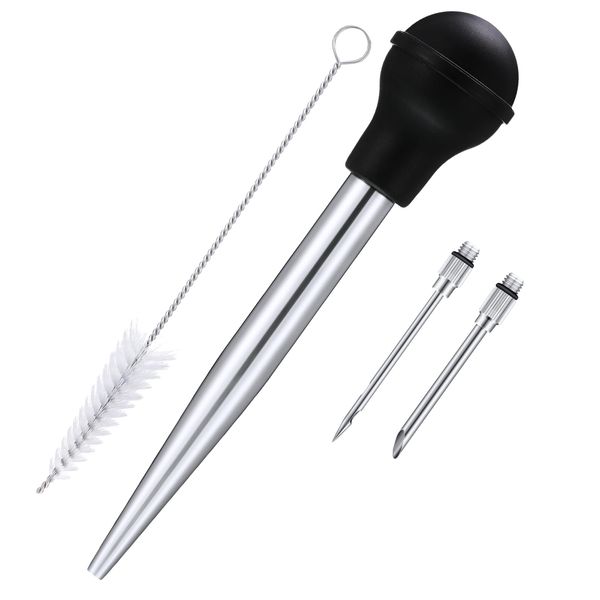 5 Pieces Large Turkey Baster Syringe Set Including Stainless Steel Turkey Baster, 2 Pieces Baster Syringe Needles, Basting Brush and Cleaning Brush for Kitchen Baking Cooking Turkey Beef Pork Fish