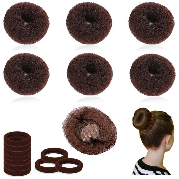 Small Hair Bun Maker for Kids, 6 PCS Chignon Hair Donut Sock Bun Form for Girls, Mini Hair Doughnut Shaper for Short and Thin Hair (5 Piece Invisible Hair Nets,10pcs Elastic band for pony tail) Brown