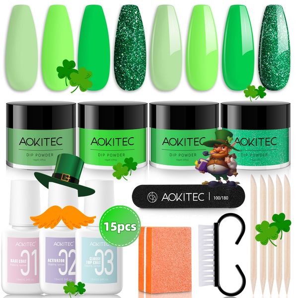 Aokitec Dip Powder Nail Kit - St. Patrick's Day Green Sparkle Dip Powder with Dip Base & Top Coat Activator Essential Dip Liquid Set Nail Tools Kit for French Manicure Home DIY Beauty Gift Set