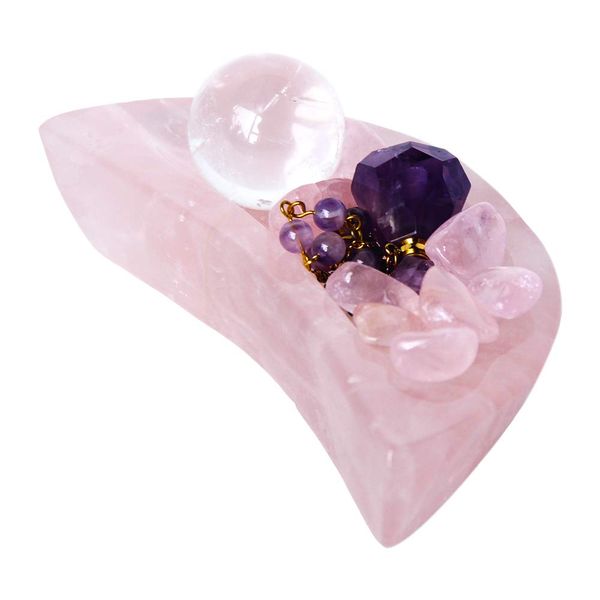 Kino Natural Rose Quartz Moon Shape Bowl Carvings Crystal Stones Jewelry Tray Cleansing Bowl Mineral Gemstones Reiki Crystals Healing Home Decoration