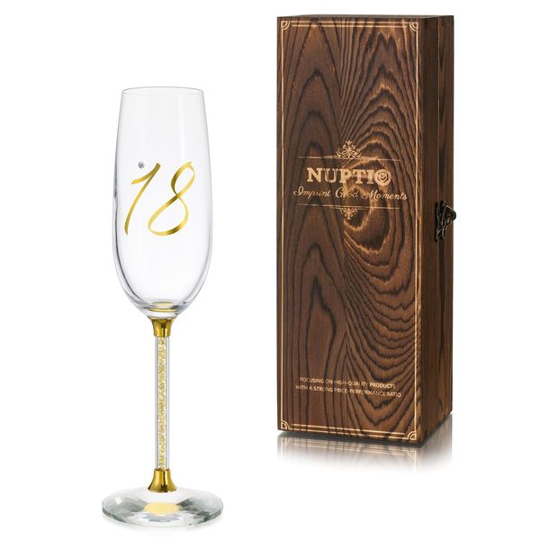NUPTIO Champagne Flutes 18th Glasses: Birthday Prosecco Gold Crystal Engraved Flute Glass with Wooden Box Personalised Gift Idea Present for Boy Girl Woman Friend 7.04oz