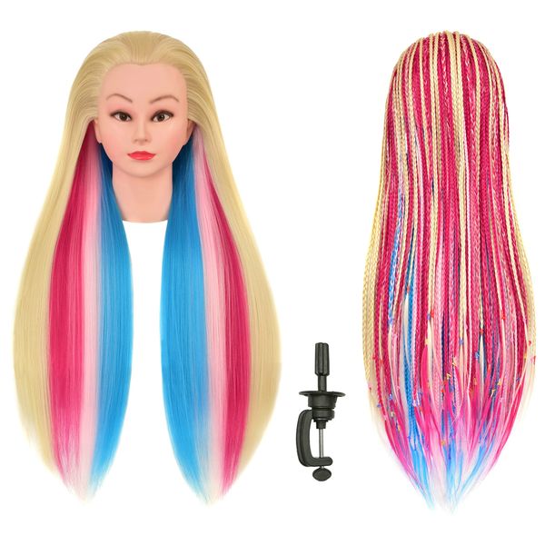 LHNHAIR 35 Inch Colorful Hair Mannequin Head Manikin Cosmetology Makeup Manican Doll Training Head with Stand for Practice Braiding Styling Updos Display