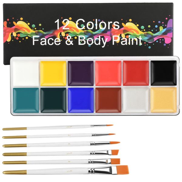 Chisafly Face Paints, Set of 12 Colors, Body Paint, Maternity Paint, Face Paint, White Paint, Safe, Non-Toxic, Eco Makeup, 6 Brushes, Cosplay, Costume, Halloween, Christmas