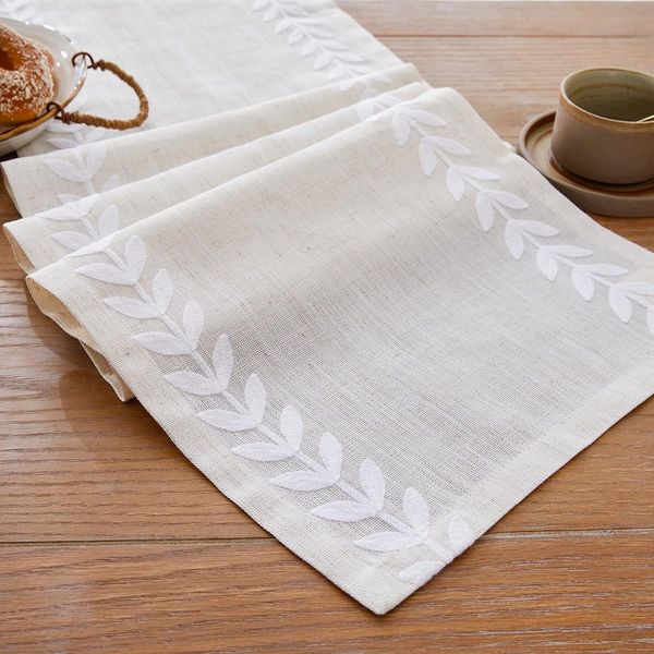 Wracra Linen Embroidered Table Runner, Irregular Willow Leaf Table Runners 90cm Long, Rustic Farmhouse Table Runner for Dining Holiday Parties and Everyday Use(White, 90cm)