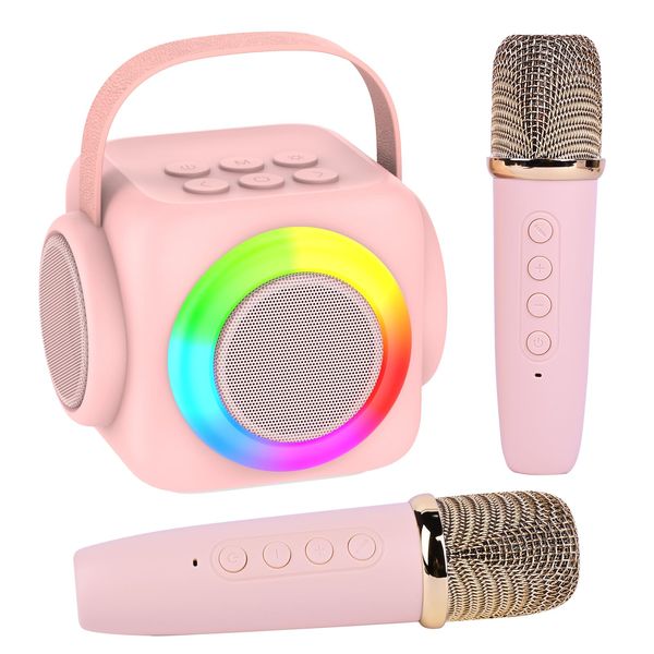 Mini Karaoke Machine with 2 Wireless Microphone for Kids and Adults,Portable Bluetooth Karaoke Speaker with LED Color Lights for Girls and Boys 4, 5, 6, 7, 8, 9, 10+ Year Old Birthday Party Home,Pink