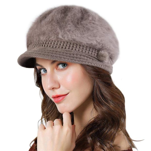 Genfien Brim Cap Newsboy Cap for Ladies Thick Fleece Lined Winter Knitted Beret Hat Vintage Crochet Peaked Chic Hat Lightweight Winter Khaki