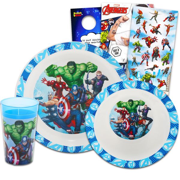 Avengers Dinnerware Set for Kids, Toddlers - 3 Pc Kitchen Accessories Bundle with Avengers Dinner Plate, Cup, Stickers, More | Avengers Flatware Set
