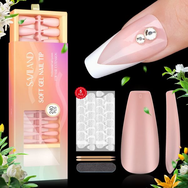 Saviland Nail Tips 240pcs Pink Full Matte Soft Gel Nail Tips 15 Size Medium Coffin Nails Full Coverage Fingernails No File Jelly Nail Glue Sticker Nail Extension Nail Art Nail Tool Home Nail Salon