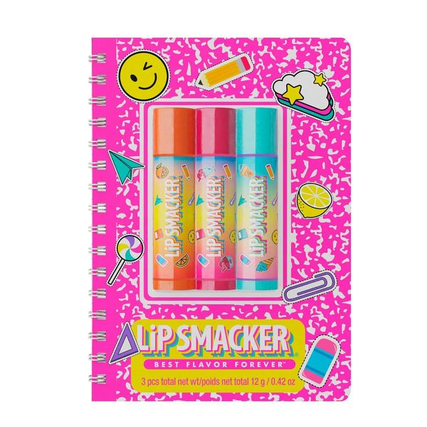 Lip Smacker, Back to School Collection, Spiral Notebook Lip Balm Trio, 3-teiliges Lippenbalsam-Set für Kinder mit Niedlichem Notizbuch, Lippenpflege in Leckeren Geschmacksrichtungen, Pink