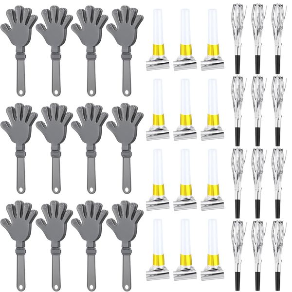 ZCYSRLQIN 36 Pcs New Years Eve Party Noisemakers Supplies New Year Party Kit Includes 12 Hand Clappers 12 Plastic Blowers 12 Metallic Fringed Party Blowers for 2025 New Years Party Supplies (Silver)