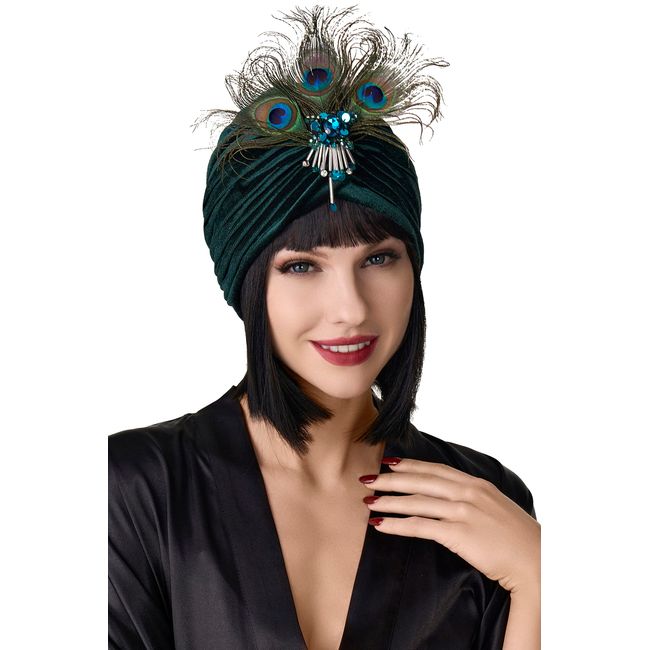 BABEYOND Ruffle Turban Hat for Women Feather Turban Hat with Detachable Crystal Brooch Headwraps Knit Pleated Turban Hat Vintage (Darkgreen)