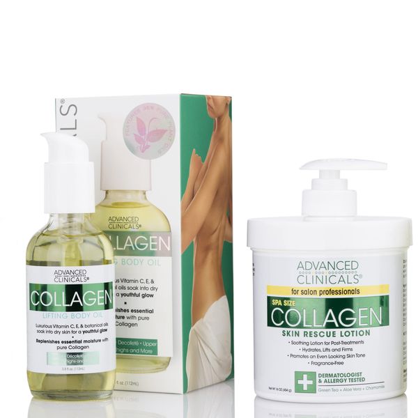 Advanced Clinicals Collagen Body Cream Moisturizer Lotion + Collagen Body Oil Skin Care 2 Piece Set – Tightening, Firming, & Hydrating Skin Care Set To Reduce Crepey Skin, Wrinkles, & Stretch Marks