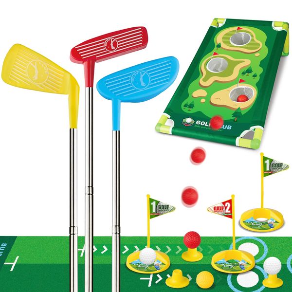 Liberry Toddler Golf Set for 3 4 5 Years Old Boys Girls, Retractable Kids Golf Club Set with Golf Cornhole Board, Putting Mat, Outdoor Indoor Sports Toy Birthday Gift