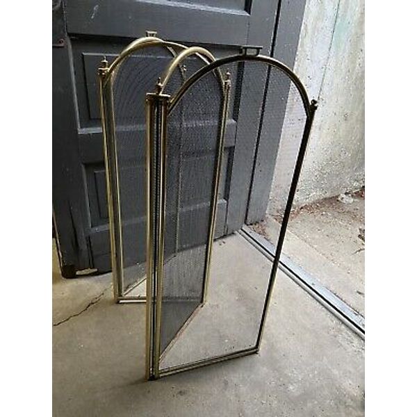 Vtg Fireplace Mesh Screen 4 Panel Inch Gold Wrought Iron Frame