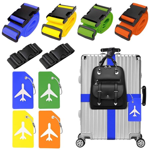 4 Stück Koffergurt & 4 Stück Kofferanhänger & 2 Stück Fügen Sie Eine Tasche Gepäckgurte Hinzu, Kofferband Gurt, Einstellbare Kofferbänder, Auffällig Luggage Strap für Koffer (Gemischte Farben)