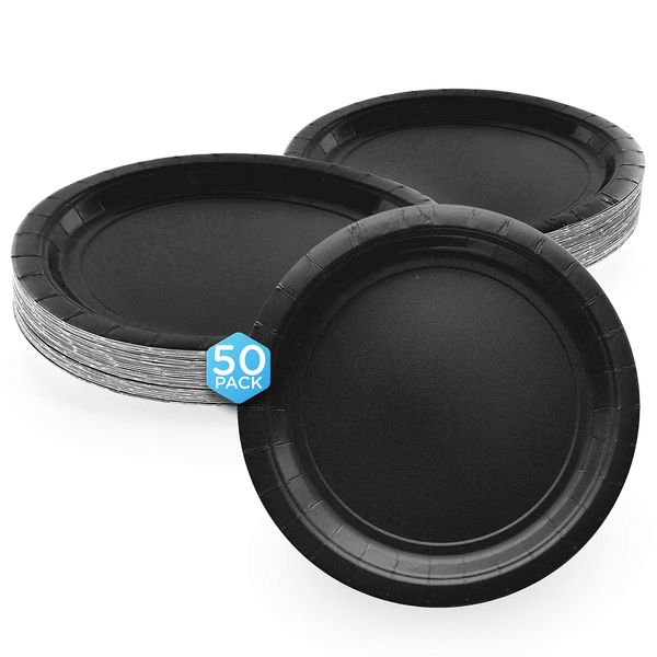 Amcrate Black Disposable Paper Party Plates 8 1/2" - Ideal for Weddings, Party’s, Birthdays, Dinners, Lunch’s. (Pack of 50)