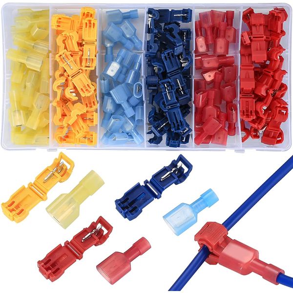 QOOSIKICC 120 Pcs T-Tap Wire Connectors, Quick Splice Electrical Wire Terminals Connectors, T Taps Self-Stripping Insulated Male Quick Disconnects Spade Terminals Kit for Wiring Automotive