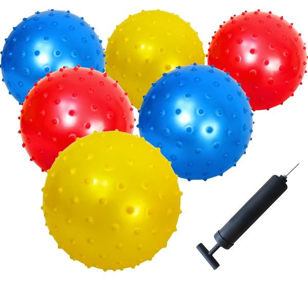 AppleRound 6-Pack of 7-inch Knobby Balls with 1 Air Pump - Fun Sensory Balls, Party Favors, Inflatable Bouncy Balls