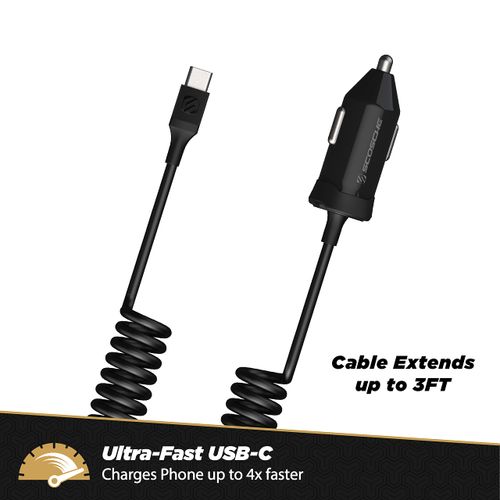 Scosche CPDC203 PowerVolt 20-Watt USB Type-C Power Delivery 3.0 Fast Car Charger with Attached 3-Foot Adjustable Coiled Cable for All USB-C Devices