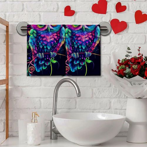UNDAHIS Pretty Owl Hand Towels 2 Pieces, 14.5×28in Soft Microfiber Multicolor Feathers Design Towels for Home Bathroom Decor, Kitchen Hand Towel for Cleaning Drying, Absorbent Face Bath Towel Set